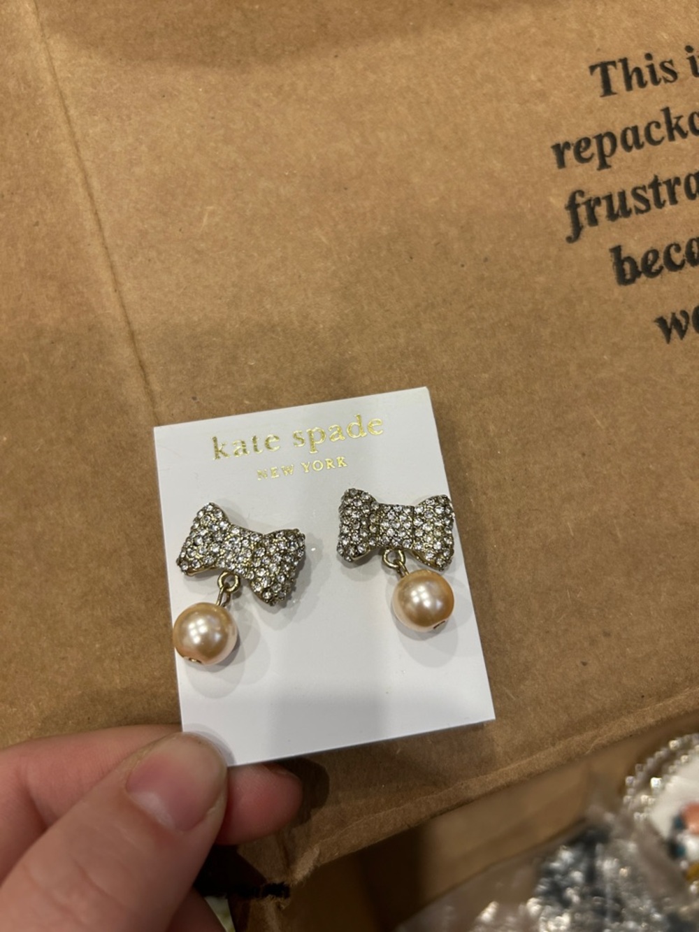 kate spade gold-tone crystal bow drop pearl earrings - Picture 3 of 5